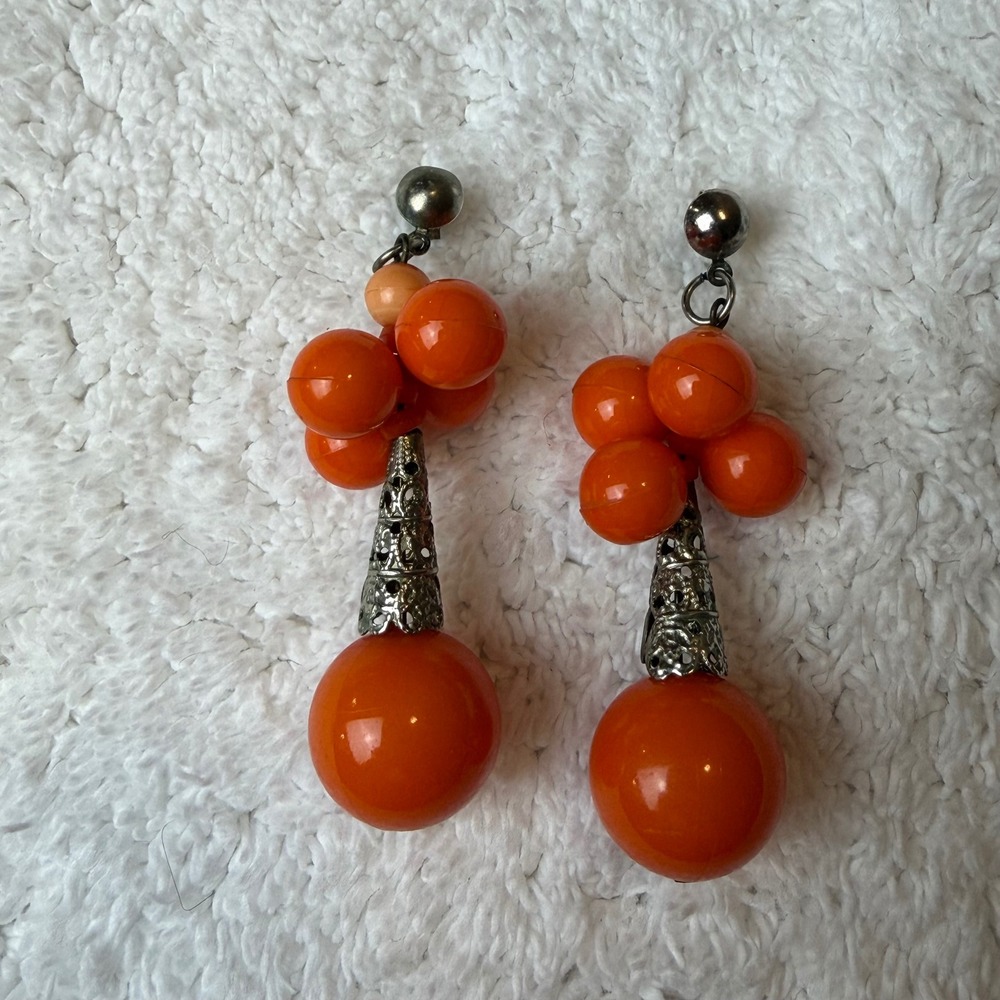 Retro Orange Cluster Bead Drop Earrings Silver Filigree Statement Dangle Boho